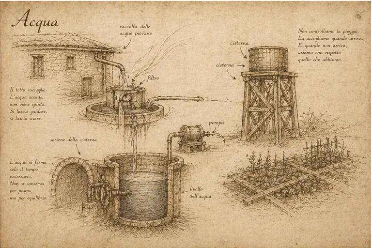 Schema illustrato della raccolta dell'acqua piovana, grondaia, filtro, cisterna e utilizzo