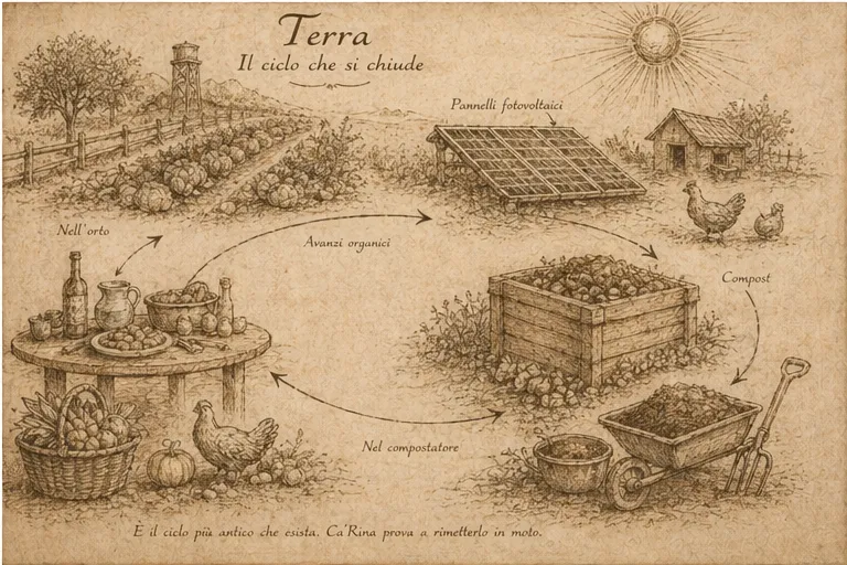 Schema illustrato: orto, tavola, avanzi organici, compostatore e ritorno del nutrimento alla terra